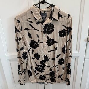 H&M tan long floral button up shirt